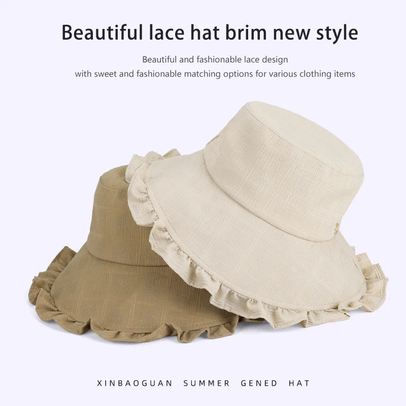 6156-New spring and summer women's outdoor hats, fashionable and versatile sun hats with lace trim and large brim, fishermanhats