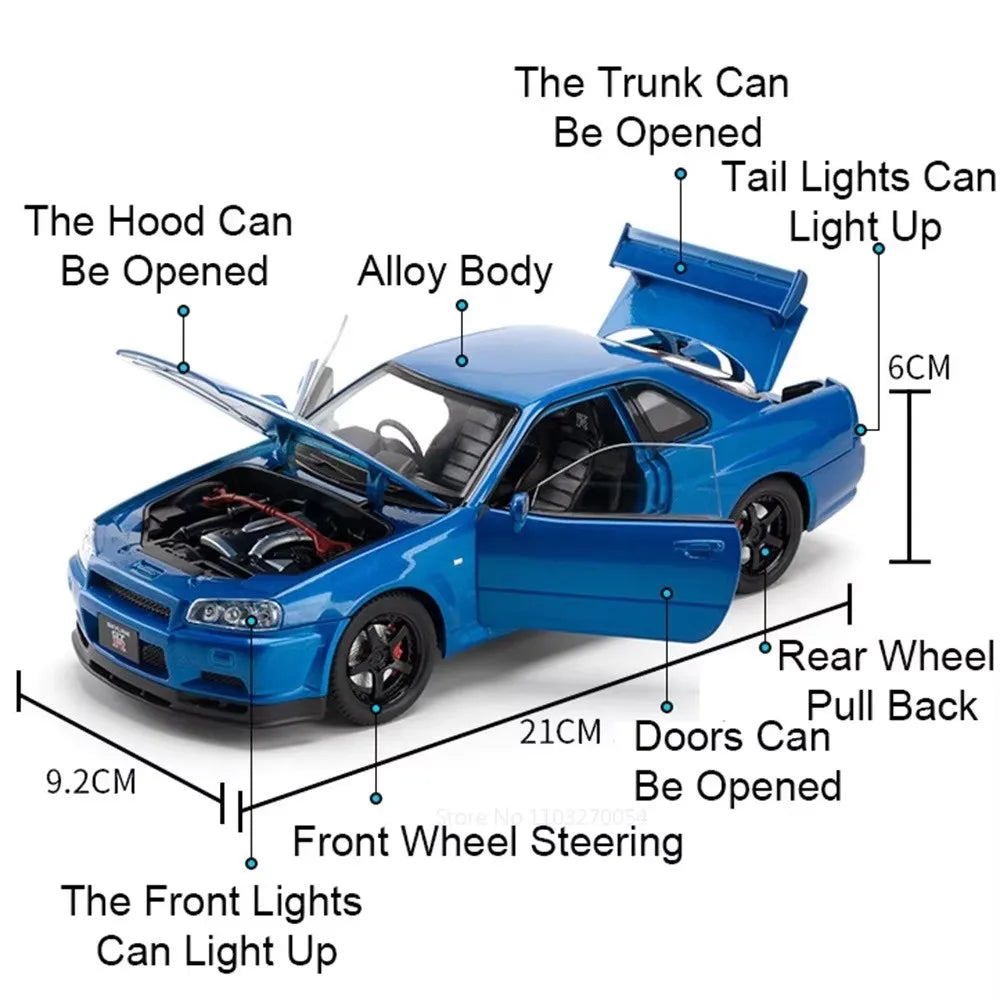 1:24 HONDA ACCORD GTR-R34 Cars Model Toys Alloy Diecast Vehice 6 Door Opened Sound Light Pull Back Toy Children's Birthday Gifts