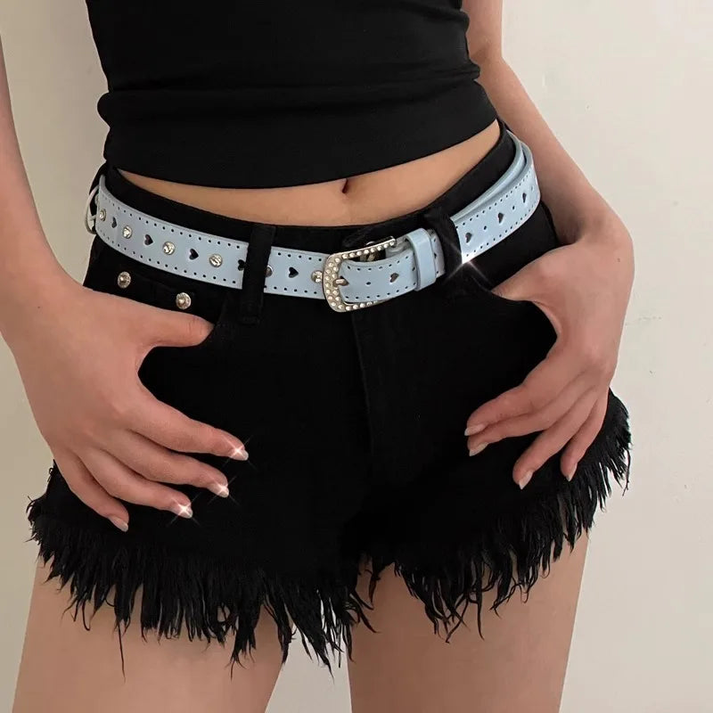 White Y2K Belt Female Rhinestone Pink Lovely New Millennium Spice Girl Belt Tie-In Korean Version Decoration Trend