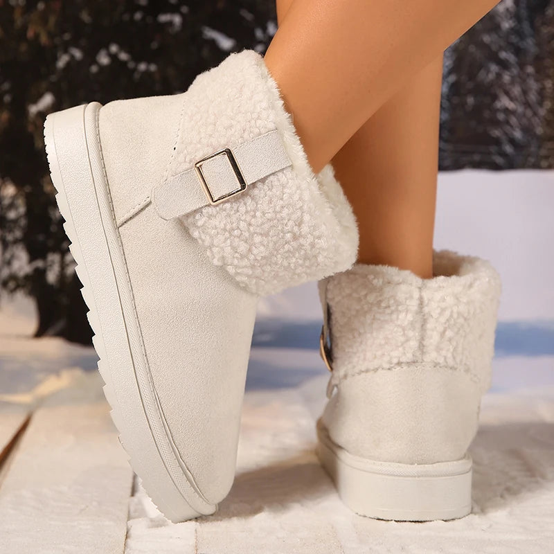 Buckle Decor Women's Platform Snow Boots 2025 Winter Non Slip Warm Plush Ankle Boots Women Comfort Slip On Cotton Shoes Woman