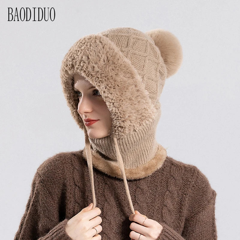 Xinbaoguan 100% Acrylic 8408 cross-border winter velvet knitted yarn hat women's mask scarf integrated warm ear protection hood