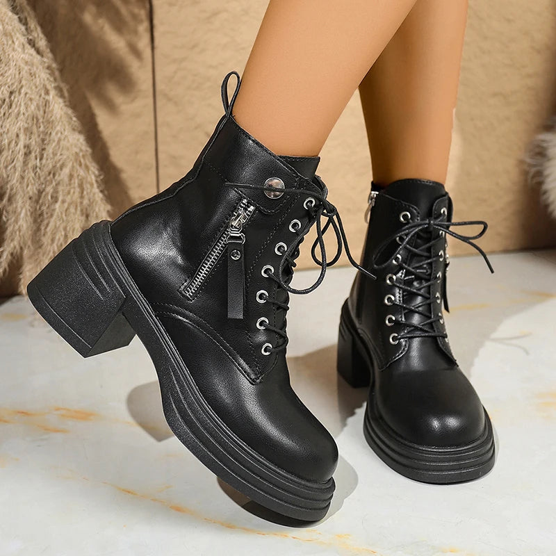 British Style High Heels Ankle Boots Women Plus Size 42 Lace Up Thick Heel Motorcycle Boots Woman Non Slip Pu Leather Botas