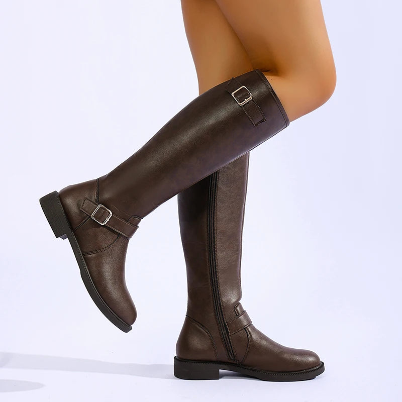 Fashion Buckle Pu Leather Knee High Boots Women Plus Size 43 Low Heels Long Boots Woman 2026 Side Zipper Punk Goth Botas Mujer