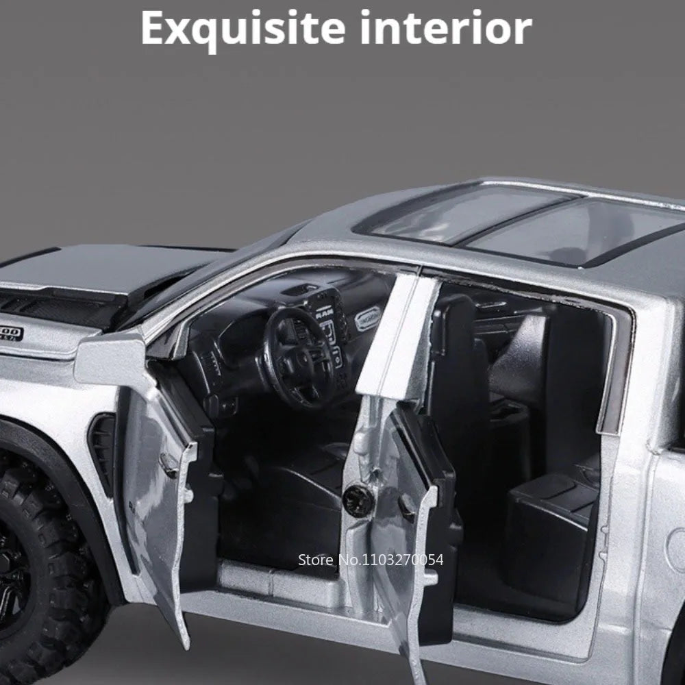 1:32 RAM Pickup Mammoth Off Road Vehicle Diecast Model Toy Alloy Car Sound Light Pull Back Doors Opened Models for Children Gift