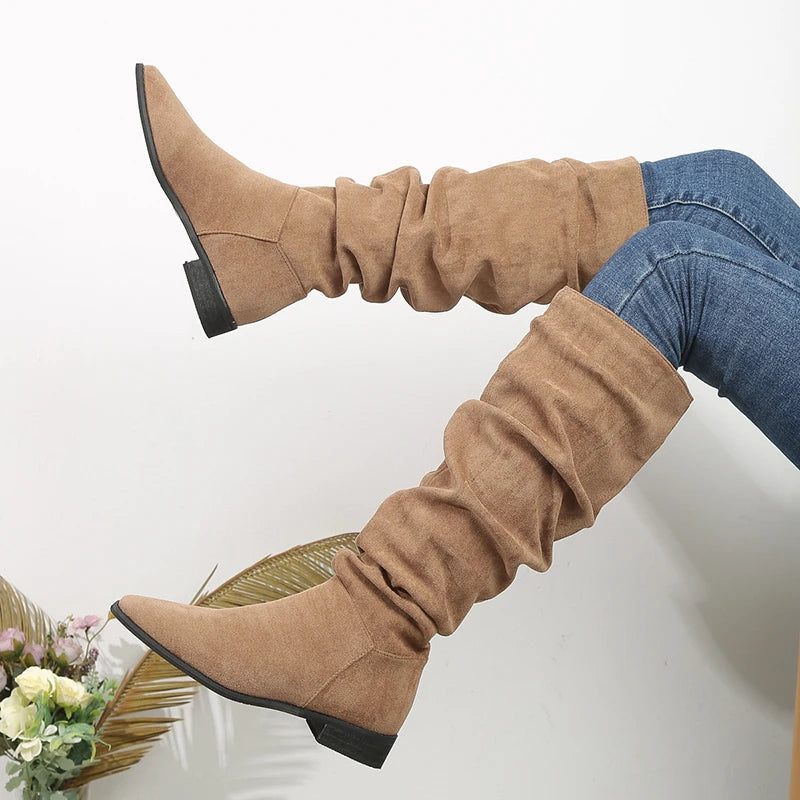 Vintage Faux Suede Knee High Boots Women 2025 New Thick Heeled Pleated Long Boots Woman Autumn Winter Slip On Tall Botas Mujer