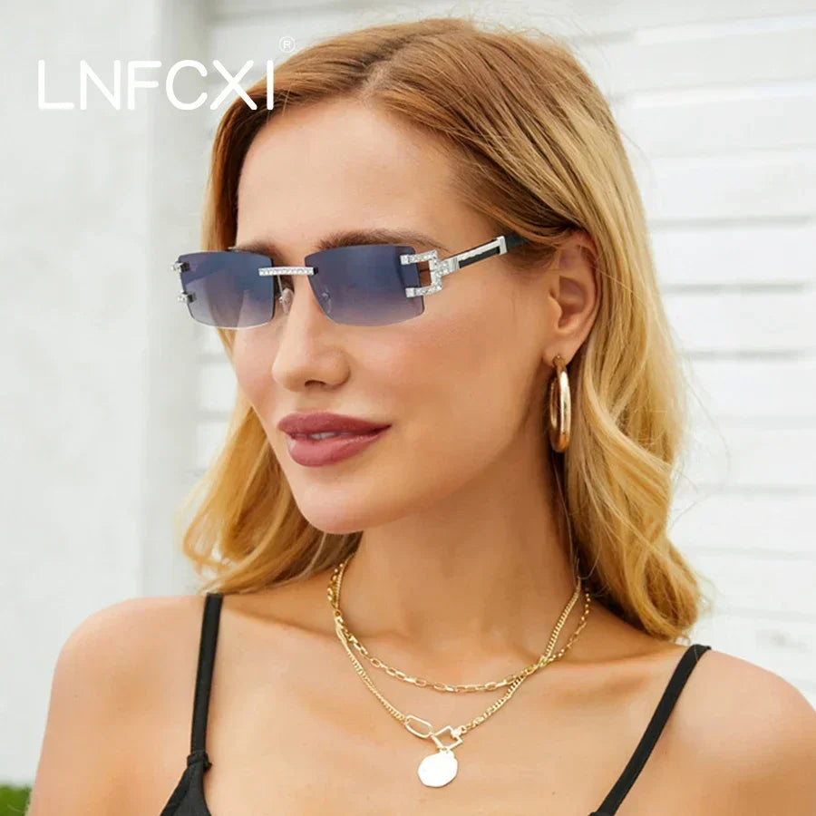 JNPCXI Fashion Luxury Brand Designer Rimless Diamond Sunglasses Women Crystal Rhinestone Square Sun Glasses for Female
