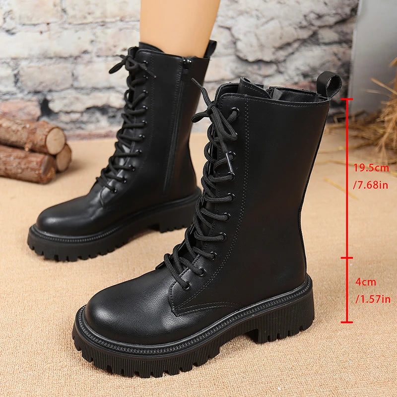 British Style Black Mid Calf Boots for Women Pu Leather Thick Heels Motorcycle Botas Mujer Autumn Winter Lace Up Boots Woman