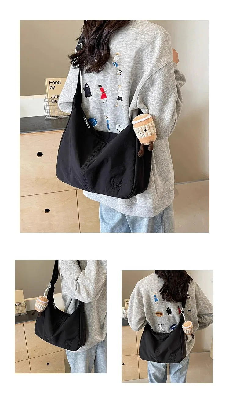 Black Women Japan Hobo Embroidery Shoulder Bag Versatile Waterproof Commuter Bag