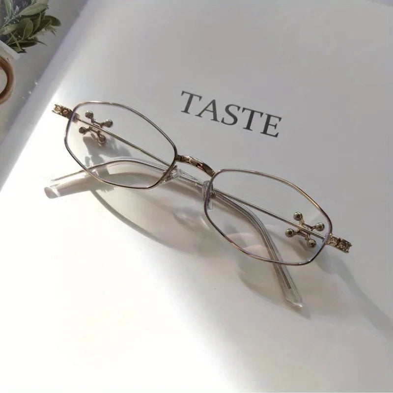 Shiny Rhinestone Metal Eyeglass Frame Women's Gold Wire Thin Frame Fashionable Flat Mirror Trendy Suitable for Daily Matching
