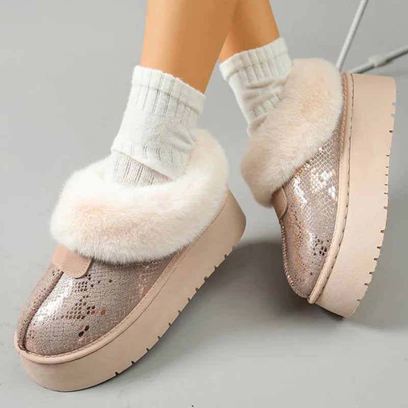 Chic Beige Shiny Snow Boots for Women 2025 Winter Korean Short Plush Warm Boots Woman Round Toe Thick Bottom Booties Female