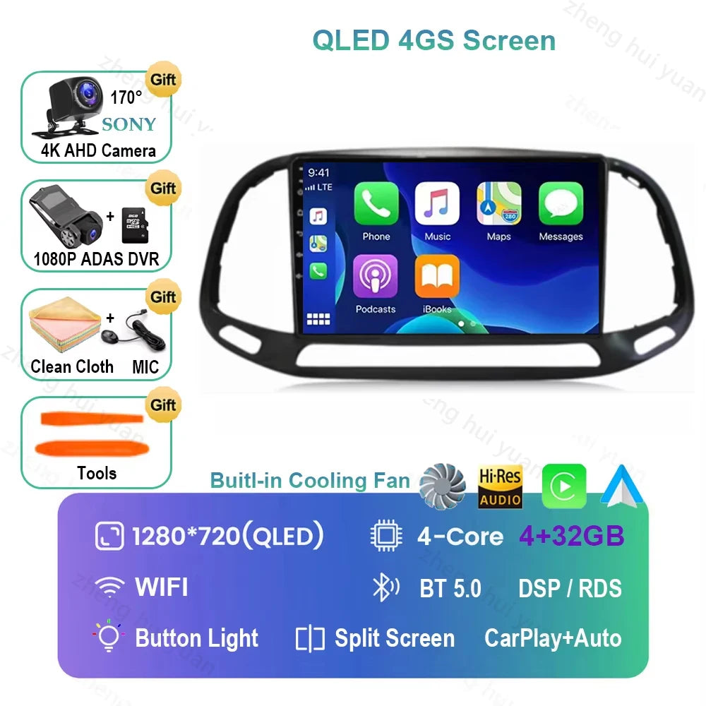 For Fiat Doblo 2015 - 2018 2019 2020 Android 16 GPS WIFI 4G Carplay&Auto Car Radio Navigation QLED Multimedia Stereo Player BT