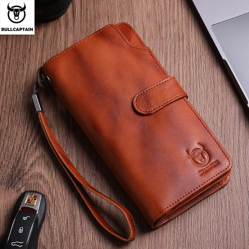 BULLCAPTAIN Men's Genuine Leather Wallet RFID Function Can Place 6.5-inch Mobile Handbag High Quality Multi Card Long Wallet
