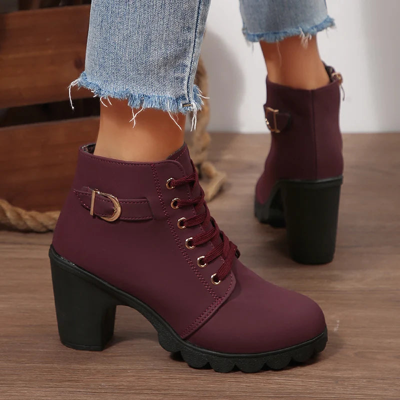 British Style High Heel Ankle Boots Women 2025 Fashion Non Slip Lace Up Short Booties Mujer Thick Heeled High Top Pumps Woman