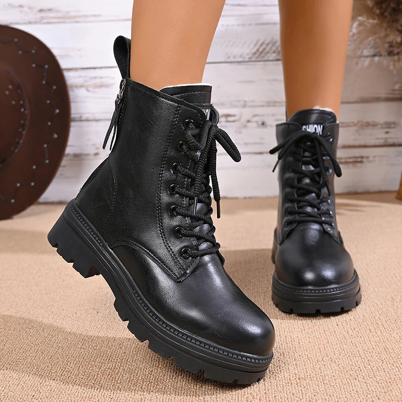 Autumn Winter Thick Plush Ankle Boots Women Fashion Double Zip Platform Motorcycle Boots Woman Non Slip Pu Leather Cotton Botas