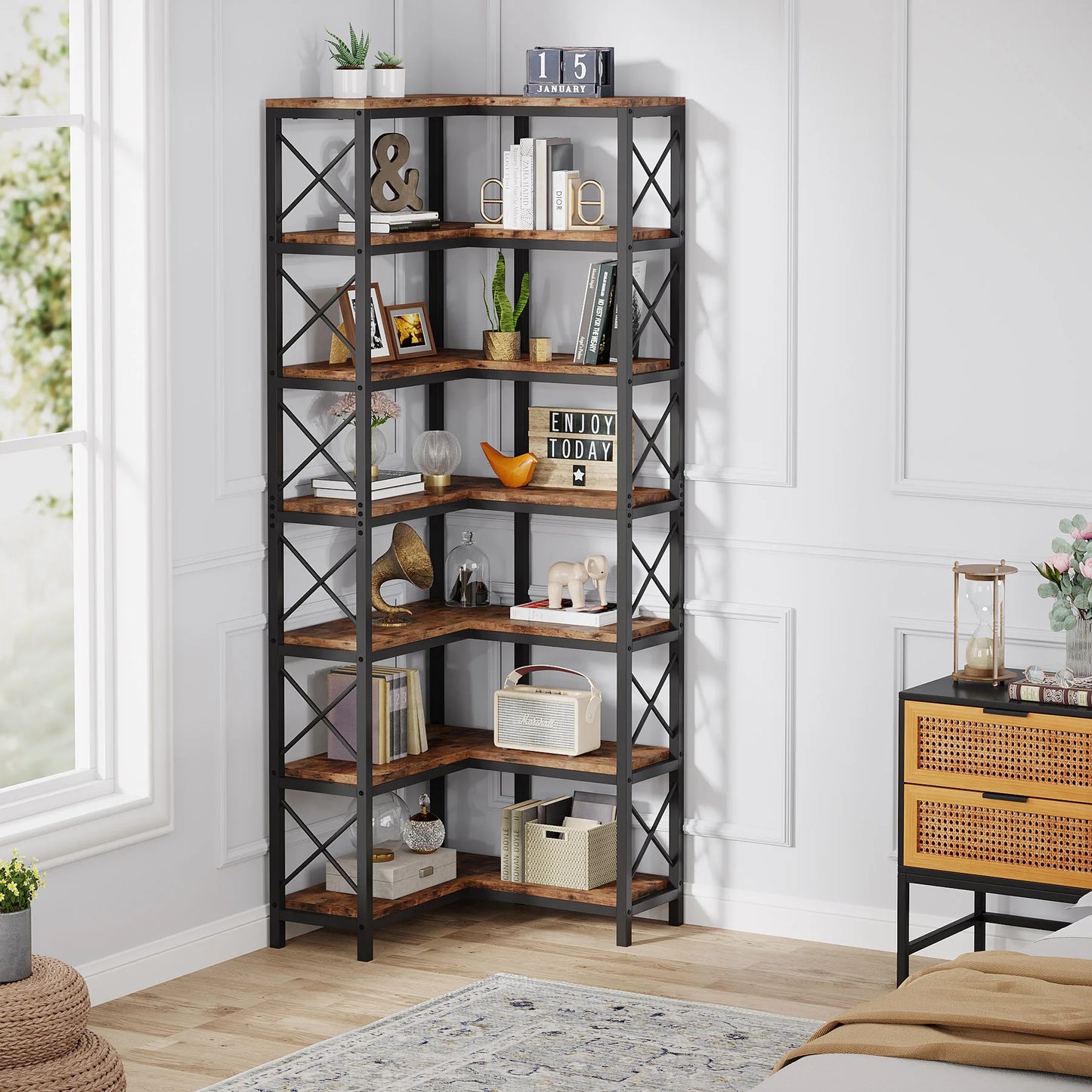 Tribesigns 7-Shelf Corner Bookshelf, Modern Corner Bookcase, 7-Tier Tall Shelf
