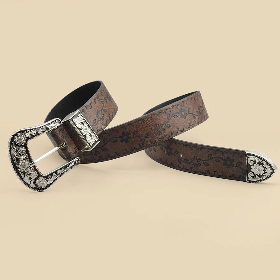 Vintage Carved Buckle Belt for Women Men - Brown Textured Floral Print Western Style Fashion Versatile Waistband Belt