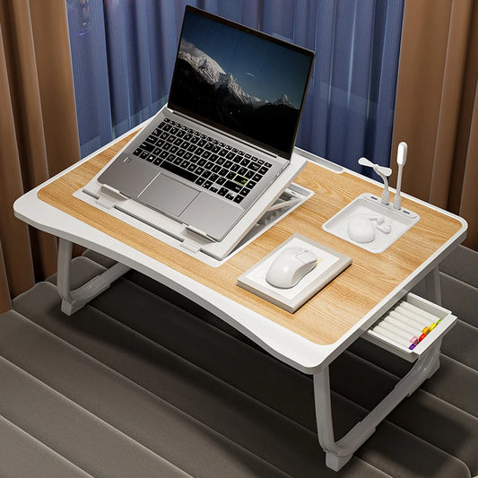 Foldable Laptop Bed Desk, Portable Adjustable Height, Bed Desk w/ Wooden Surface