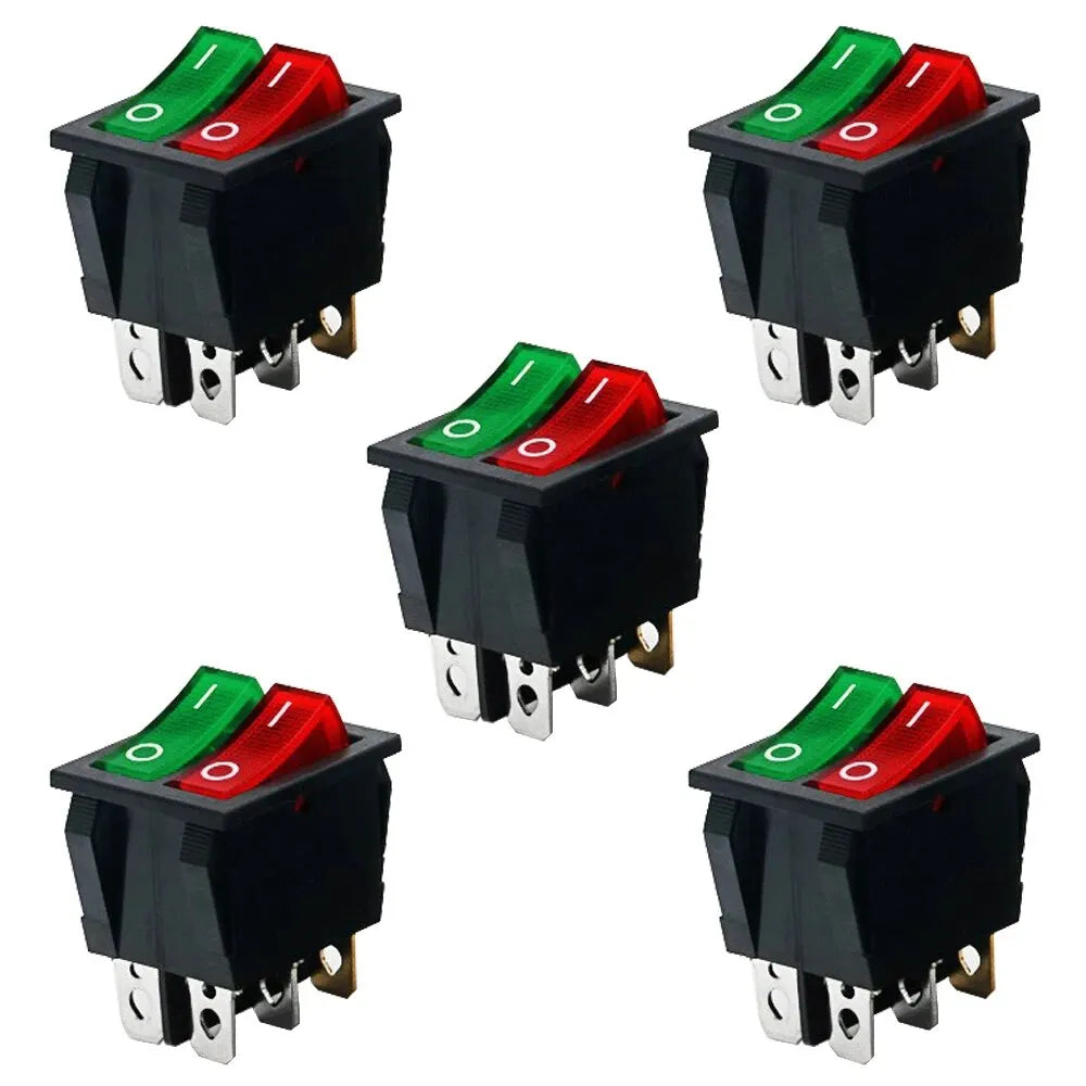 5pcs Double Red Light Rocker Switch 2*SPST On-Off 6 Pin 30x22mm 2 Way Boat Rocker Switch 110V/120V/250V KCD6