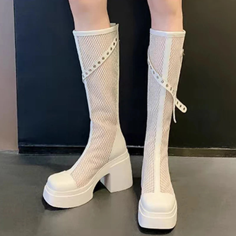 2025 Summer Fashion Breathable Mesh Boots for Women Party Platform Zipper Mid-Calf Boots Woman Solid Buckle Strap Shoes Ladies