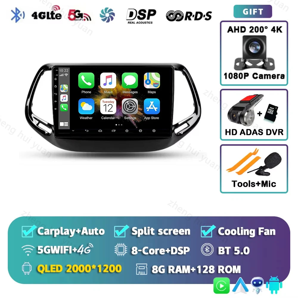 2K QLED For Jeep Compass 2 MP 2016 - 2018 Android 15 CarPlay Auto Car Radio Multimedia Video Player GPS stereo Head Unit 4G WIFI