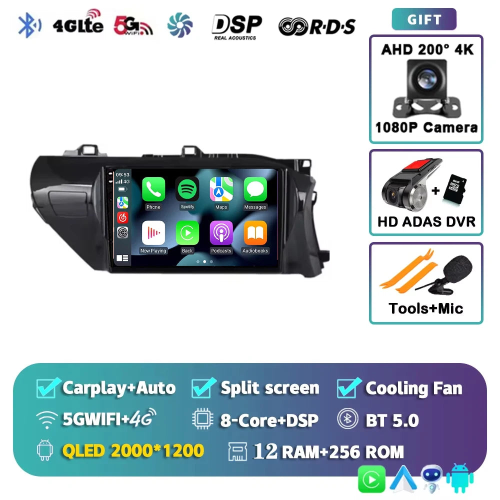 Car Radio For Toyota Hilux RHD 2015 2016 2017 2018 2020 2021 2023 Wireless Carplay Android Auto Multimedia Player Stereo WIFI 4G
