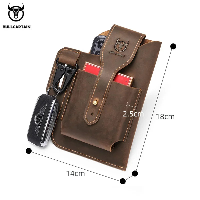 BULLCAPTAIN 2022 New Men's Leather Waist Bag Can Be Used For 5.5-6.8-Inch Mobile Phone Carrying Cigarette Case Outdoor Bag