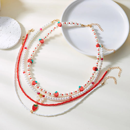 Boho Summer Sweet Strawberry Beaded Necklace for Women Girls Y2K Cute Pearl Beads Short Choker Neck Chain Jewelry Party Gift