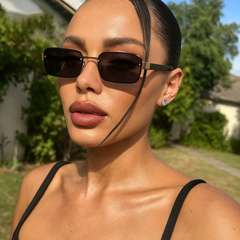 JNPCXI New Fashion Rimless Square Sunglasses Women UV400 Retro Rivets Clear Ocean Purple Lens Eyewear Men Sun Glasses Shades