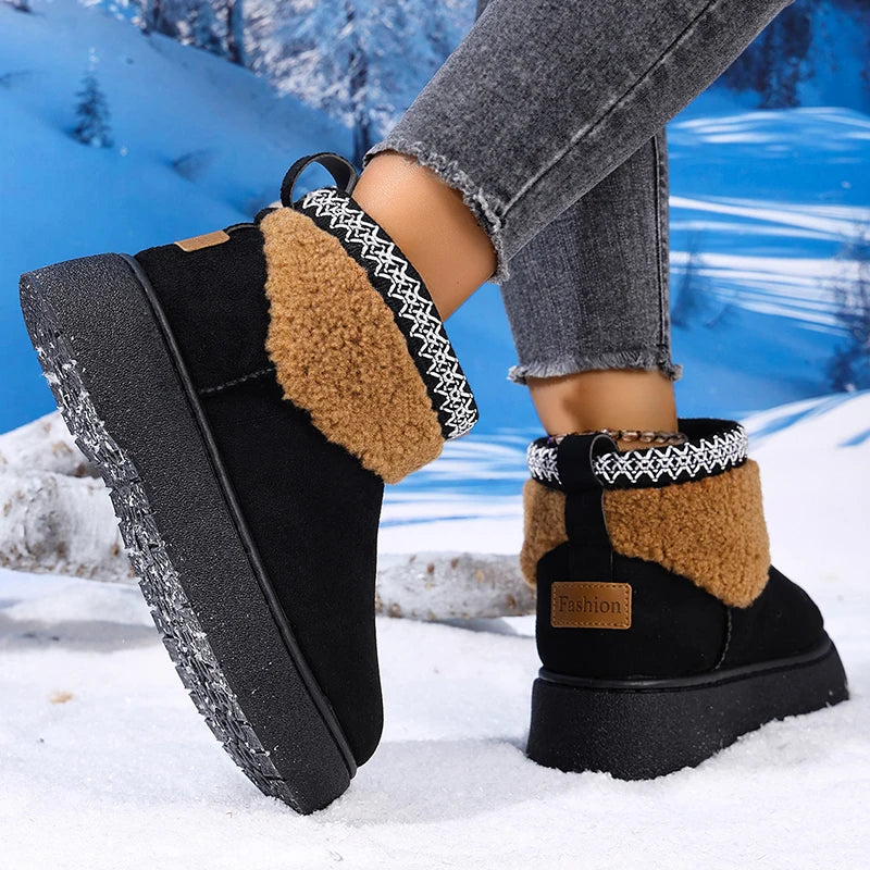 Embroidery Fau Suede Platform Snow Boots for Women Thickened Lining Warm Winter Shoes Woman Thick Sole Slip On Ankle Boots 42