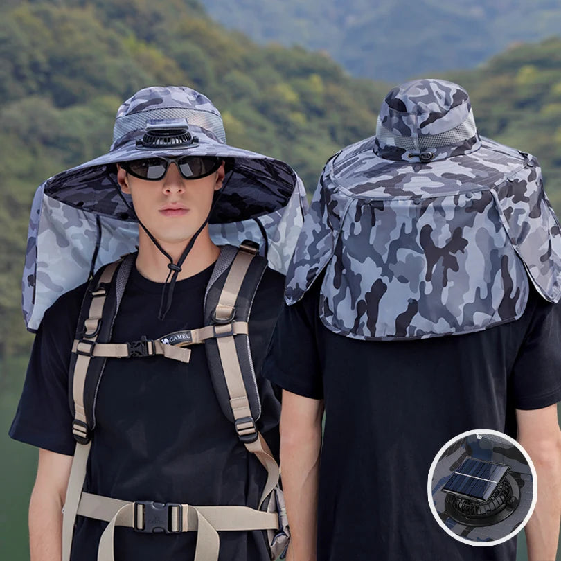 9208-1Men's sun hat 1Solar fan fishing hat, wide-brimmed sunhat outdoor summer camping, beach use, Type-c and solar power supply