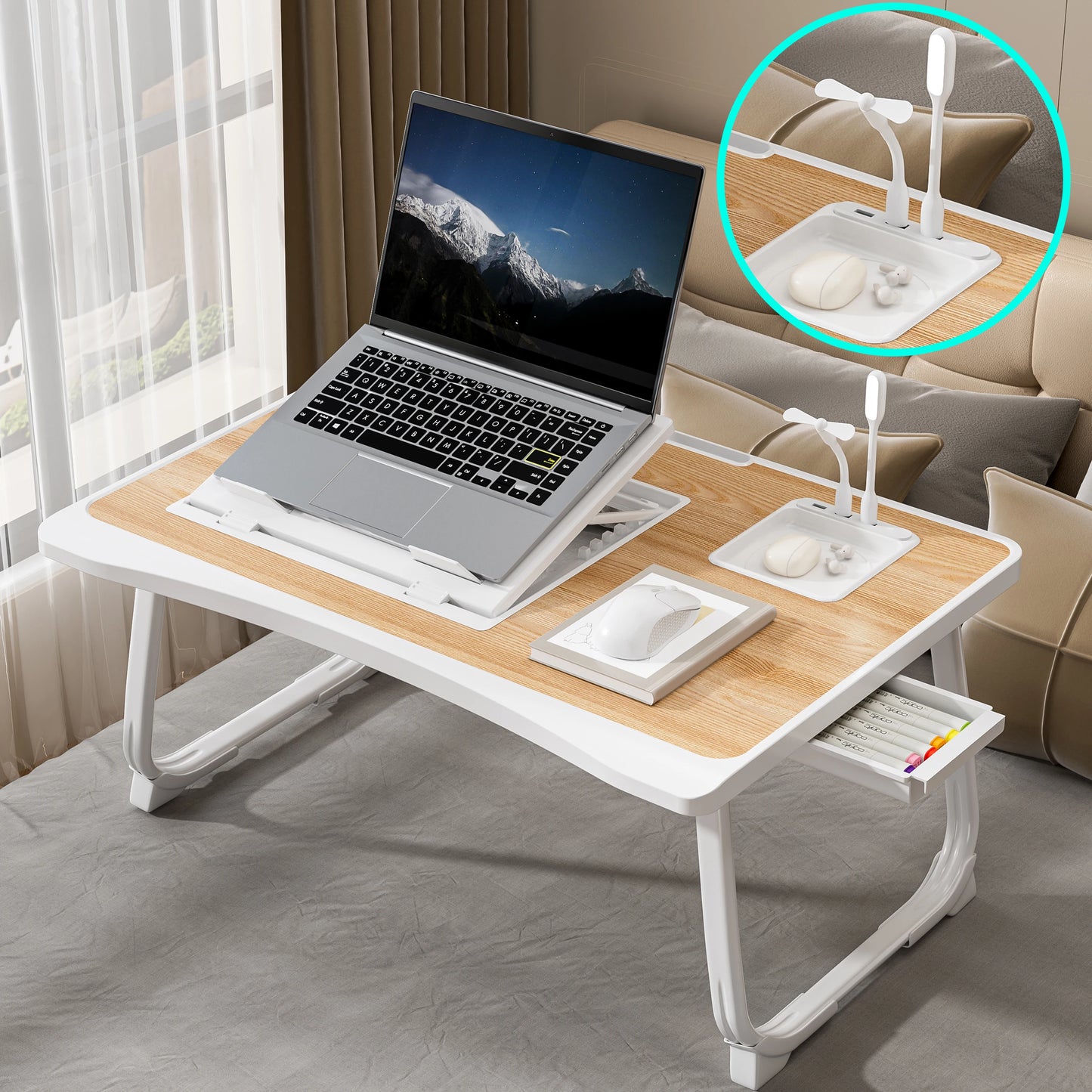 Foldable Laptop Bed Desk, Portable Adjustable Height, Bed Desk w/ Wooden Surface