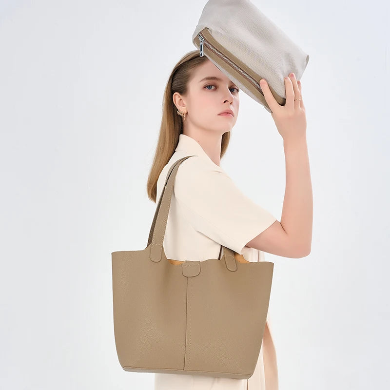 Genuine Cowhide Leather Tote Bag for Women Pebbled Leather Shoulder Bag with Removable Pouch&Silk Scarf Luxury Designer Handbag