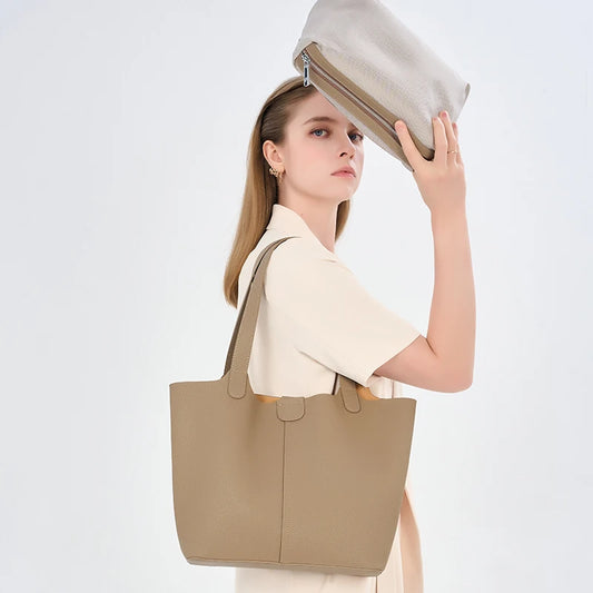 Genuine Cowhide Leather Tote Bag for Women Pebbled Leather Shoulder Bag with Removable Pouch&Silk Scarf Luxury Designer Handbag