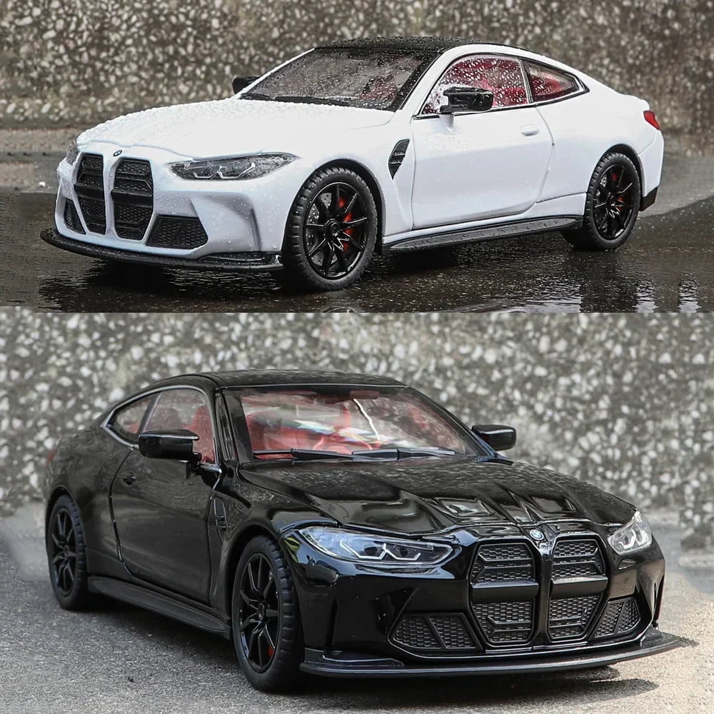 Scale 1/24 M4 Car Model Toy Diecast Alloy Vehicle 4 Doors Opened Metal Body Rubber Tire Sound Light Pull Back Toys Gift for Kids