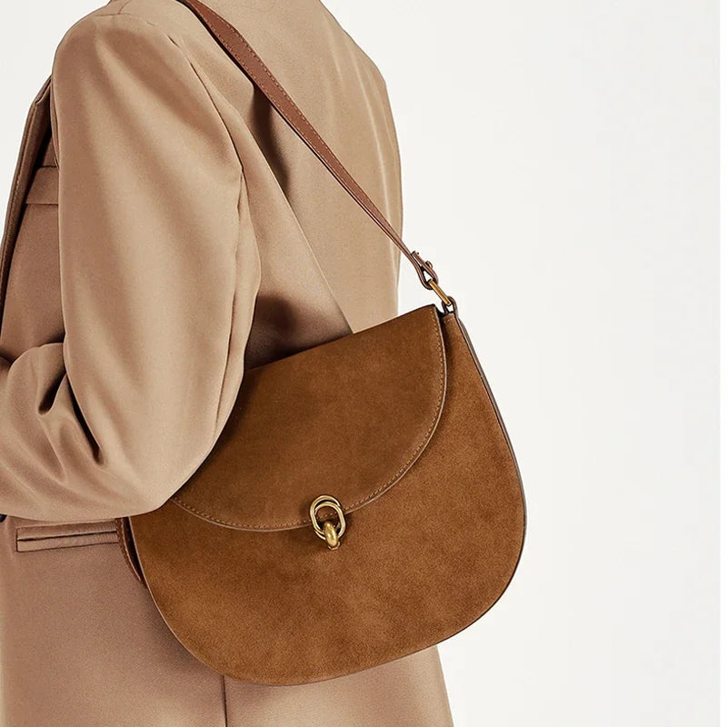 Genuine Cowhide Leather Saddle Bag for Women Large capacity Crossbody Bag Suede Leather Shoulder Bag with Gold Buckle Closure