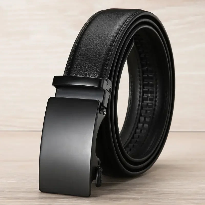 Black AutoBuckle Belt for Men, Famous Brand Business Belt PU Leather Waist Strap