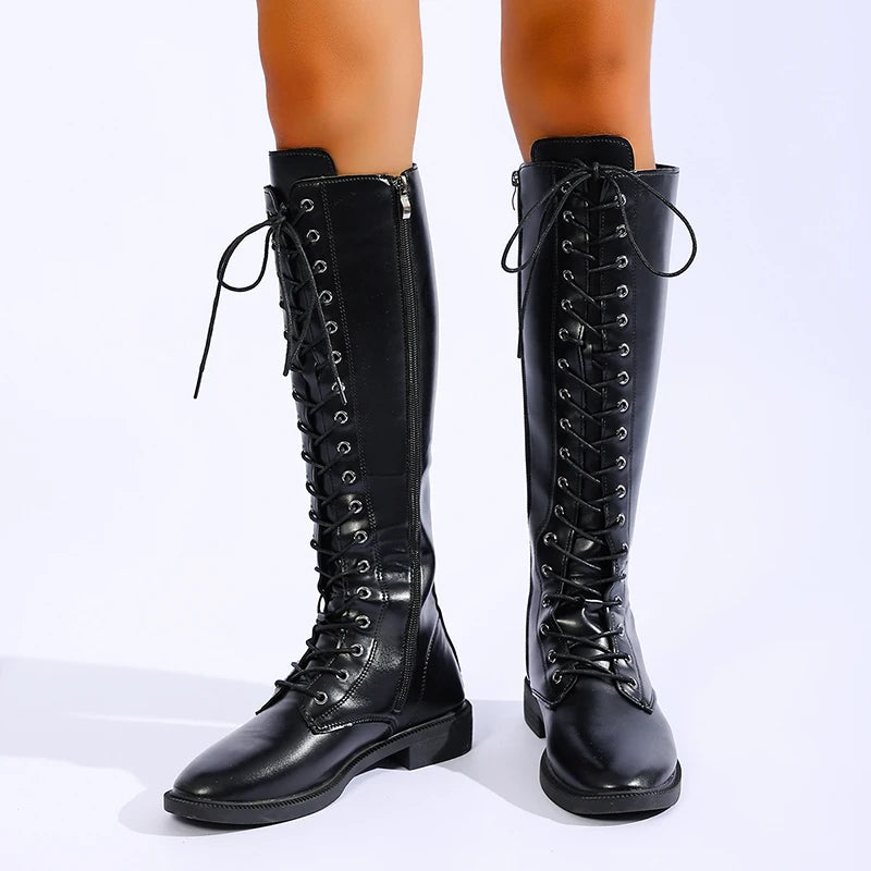 Plus Size 43 Cross Lace Up Knee High Boots Women 2026 Autumn Low Heel Punk Motorcycle Boots Woman Pu Leather Long Botas Mujer
