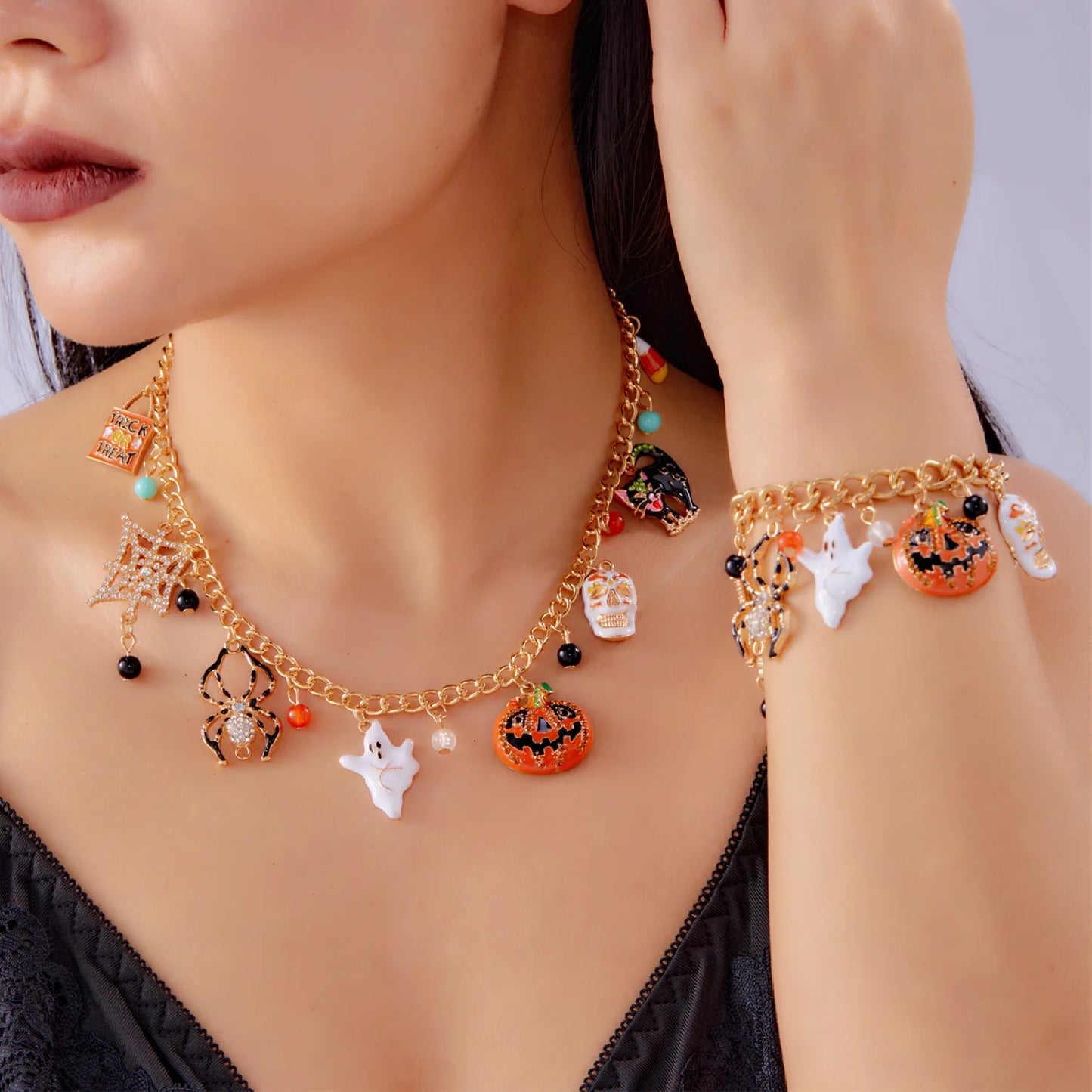 Exaggerated Halloween Ghost Pumpkin Pendant Necklace For Women Shiny Zircon Spider Web Skull Charm Bracelet Party Jewelry Gifts