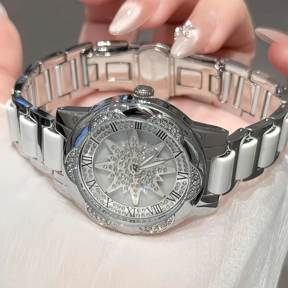 Ladies Watch Luxury Rotate Diamond Dial Wristwatch Waterproof Fashionable Elegant High End Temperament Round Woman Watches