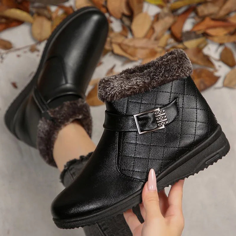 Retro Faux Pu Leather Snow Boots Women Winter 2025 Zipper Up Wedges Snow Boots Woman Anti Slip Furry Warm Booties Female