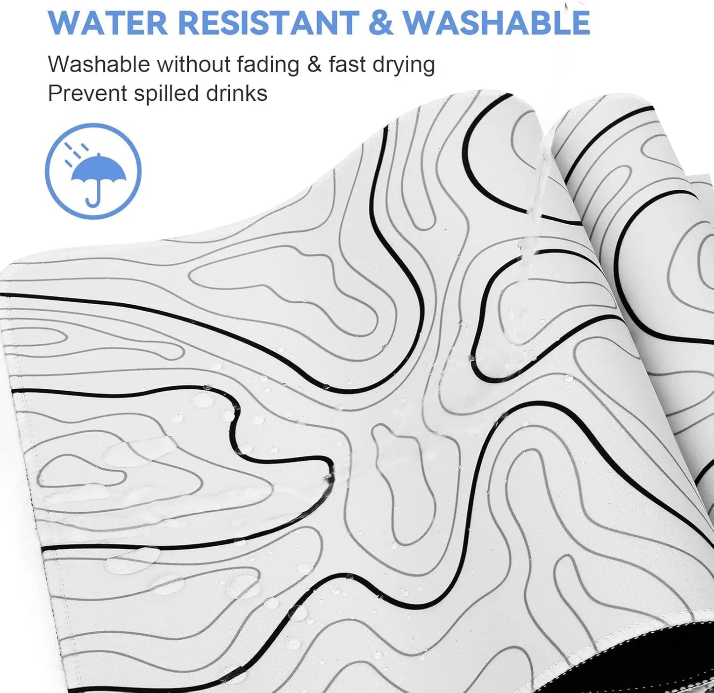 Abstract Topographic Map White Black Gaming Mouse Pad Large Desk Mat with Non-Slip Base Stitched Edge Keyboard Mat for Gaming