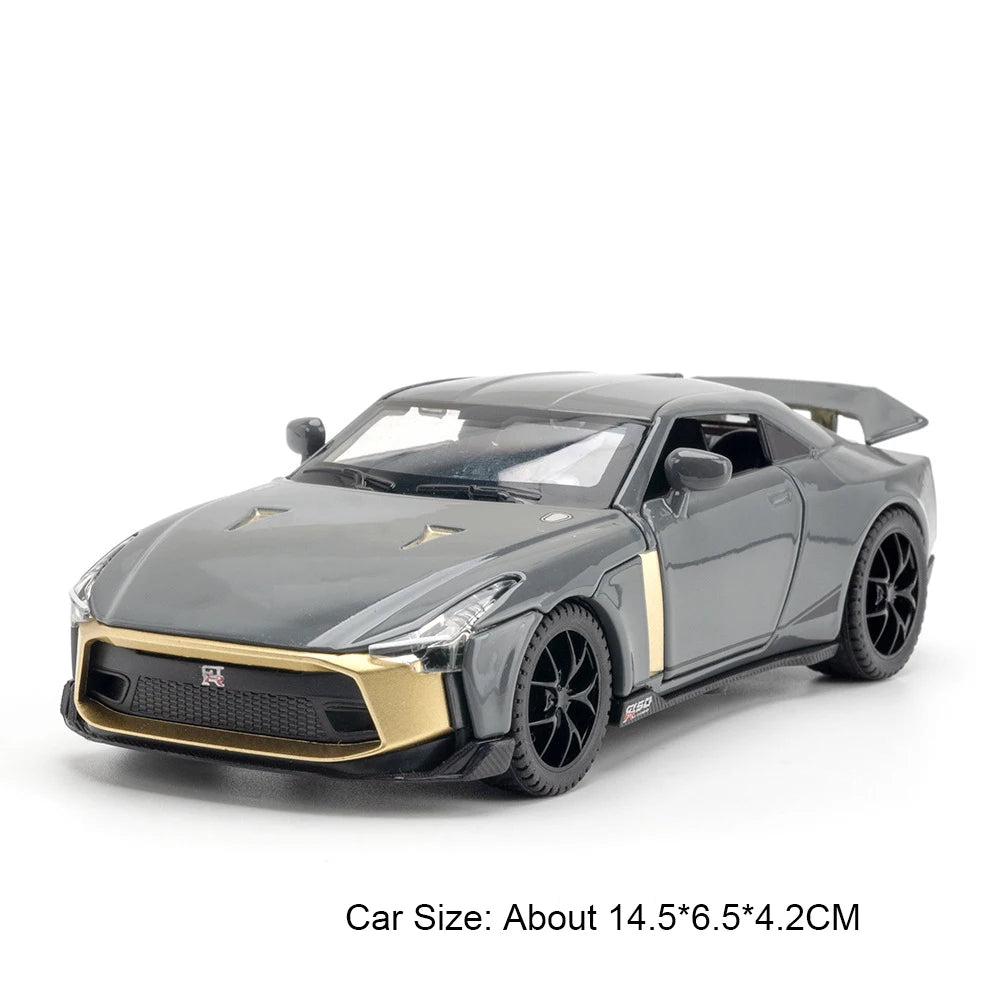 1:32 Scale GTR R50 Miniature Sports Car Alloy Diecast Model Toys Doors Opened with Sound Light Pull Back Vehices Children's Gift