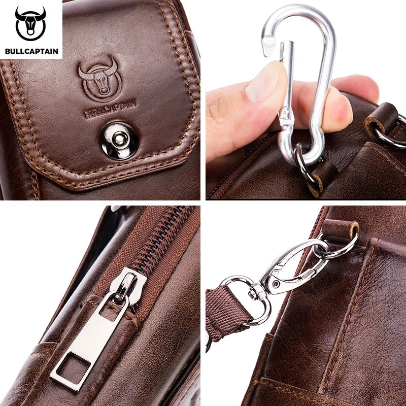 BULLCAPTAIN Genuine Leather Men's Waist Packs Phone Pouch Bags Waist Bag Male Small Chest Shoulder Belt Bag Small Waist Packs