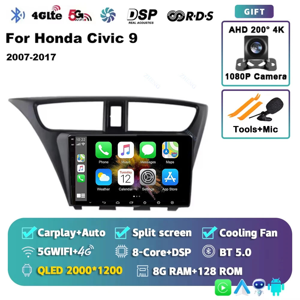 Carplay Android 14 Car Radio for Honda CIVIC 9 2011-2017 Qualcomm mulitmedia Video player Autoradio GSP Navigation Stereo screen