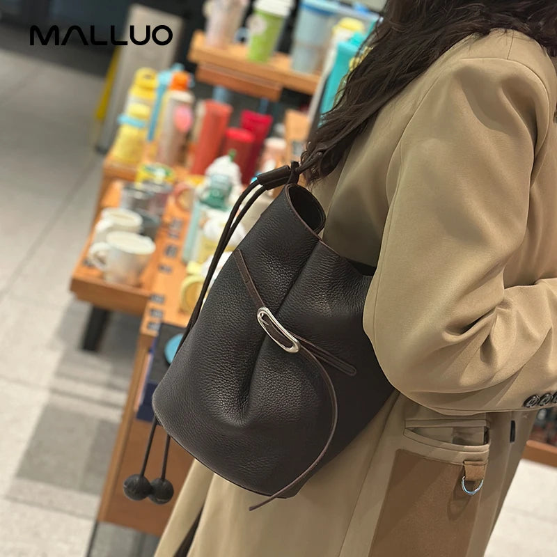 Women Mini Genuine Leather Bucket Bag Real Leather Crossbody & Top Handle Drawstring Shoulder Bag Luxury Designer Underarm Bags