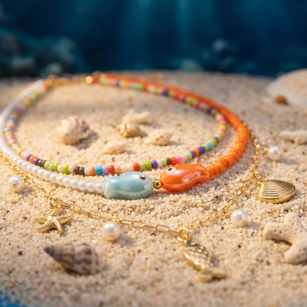 3Pcs/Set Vacation Fish Starfish Shell Seed Bead Necklace Summer Beach Ocean Theme Boho Choker Jewelry For Women