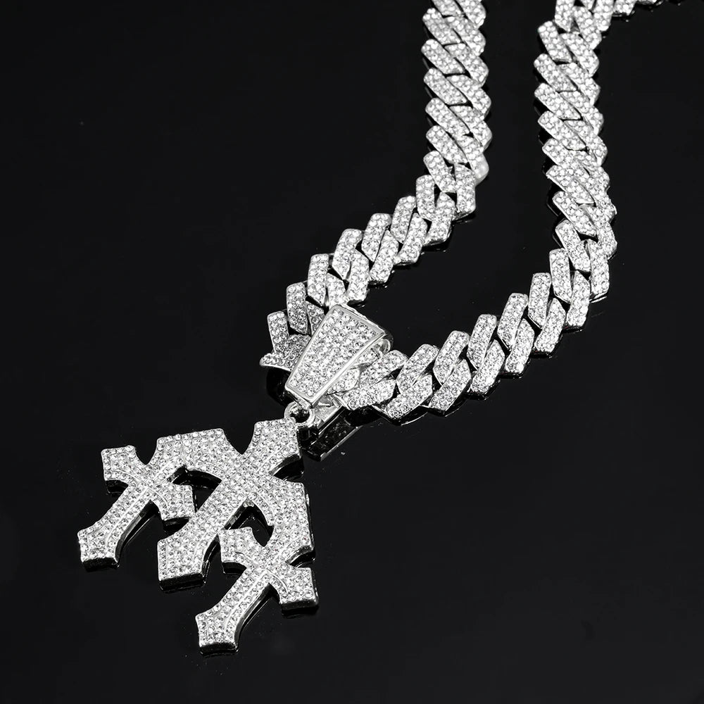 2026 New Men's Iced out Stacked Crosses Pendant Necklace Hip Hop Jewelry with exaggeration 13mm Cuban Chain Rhinestone Gift