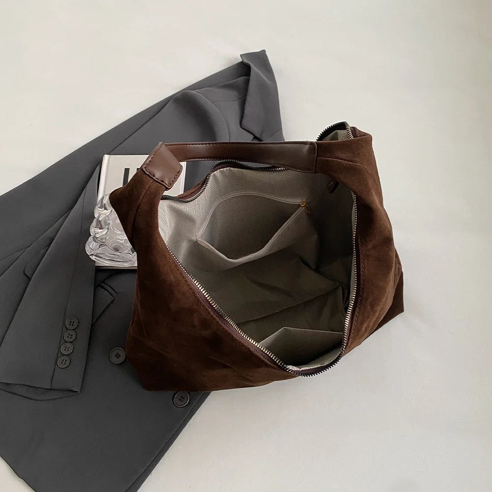 Women Suede Shoulder Bag with Zipper Hobo Bags Large Capacity Handbag Slouchy Bag Commuter Travel Bag Purses and Handbags