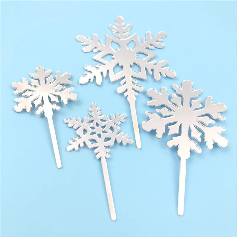 4pcs Ice & Snow Themed Christmas Party Cake Top White Snow Flakes Acrylic Happy Birthday Cake Top Christmas Party Decoration