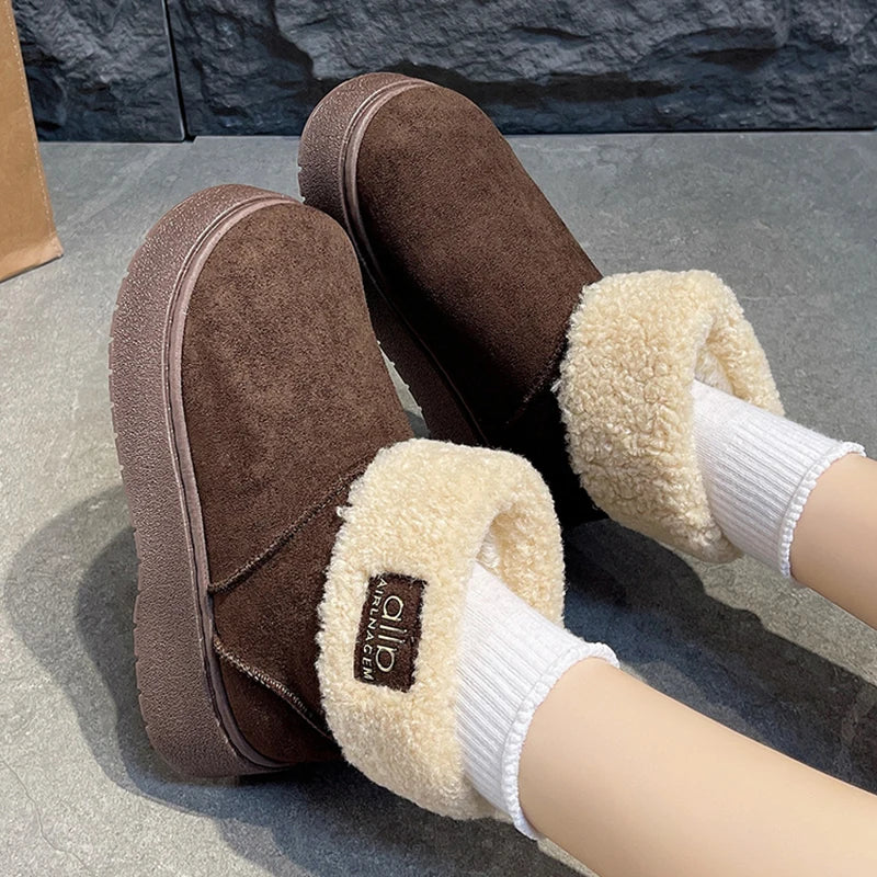 Patchwork Lambswool Platform Snow Boots Women Slip On Thicken Plush Warm Ankle Boots Woman Non Slip Thick Sole Winter Boots 41
